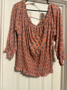 S.C. Society Coral and Navy Blue Smocked Peasant Top